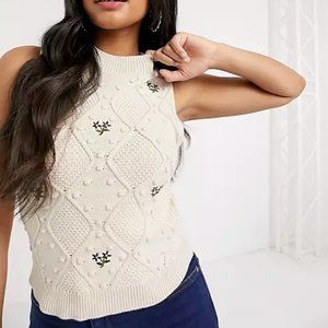Stradivarius Crochet Knit Embroidered Tank in Beige- Small